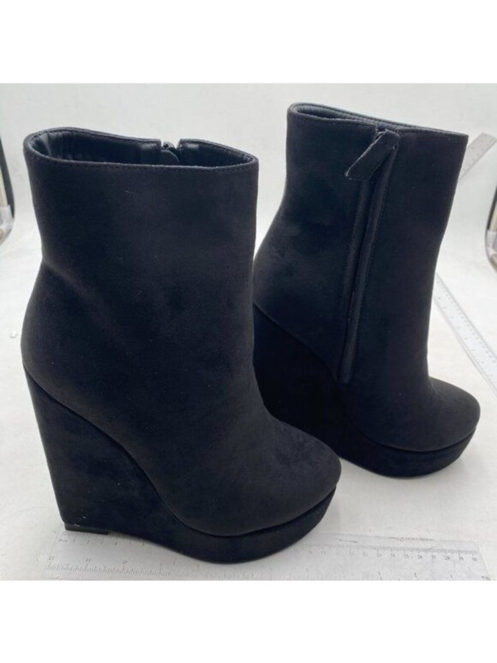 Women's Suede Low Wedges Platform Ankle Boots Black Shoes
